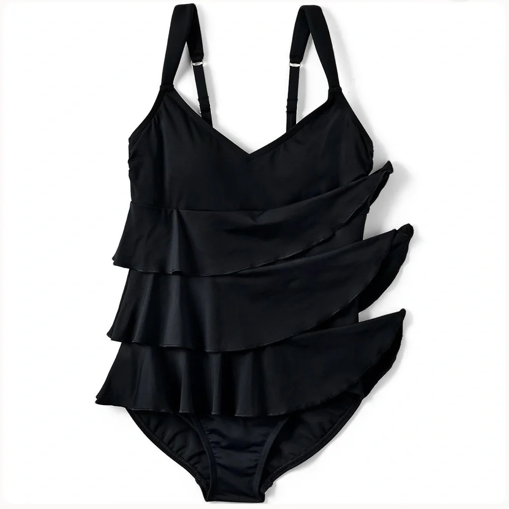 Land’s End Women's Tiered Ruffle Fauxkini One Piece Swimsuit 12 New